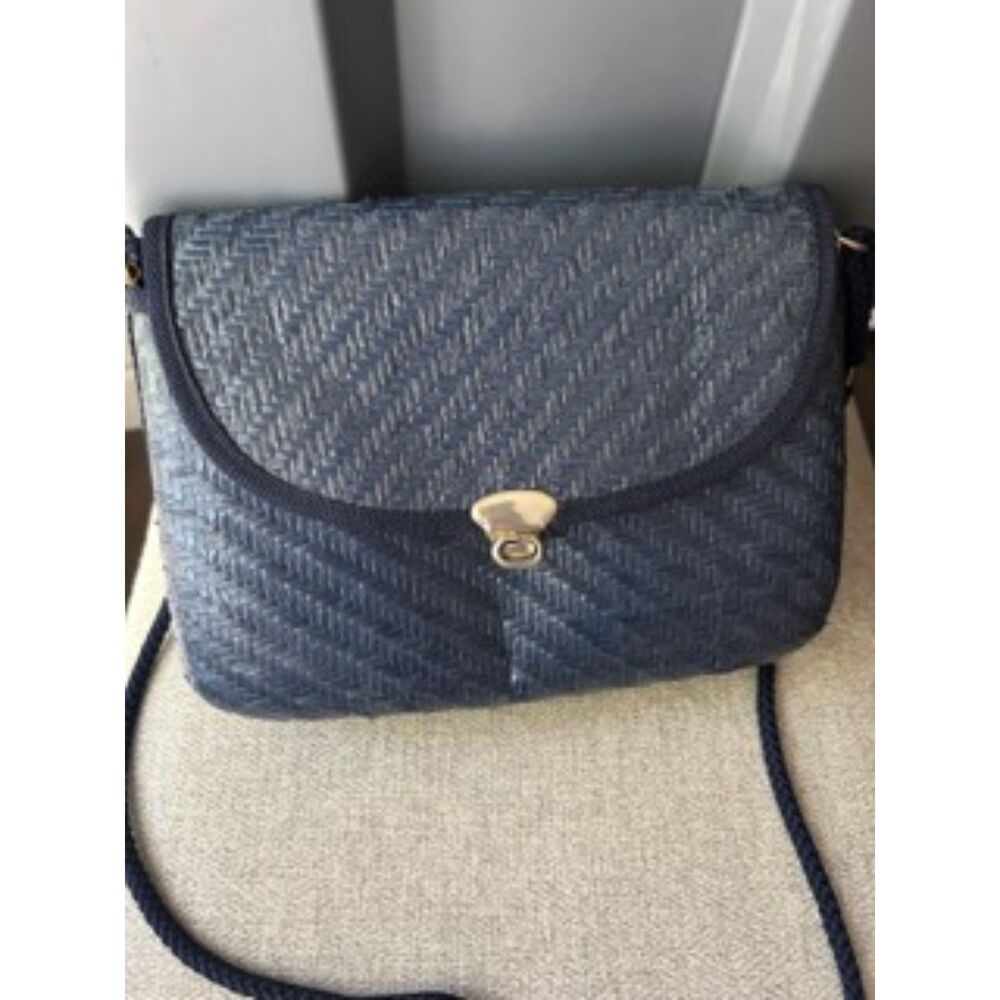 Vintage Navy Blue Woven Flap Shoulder Bag Minimalist Crossbody
